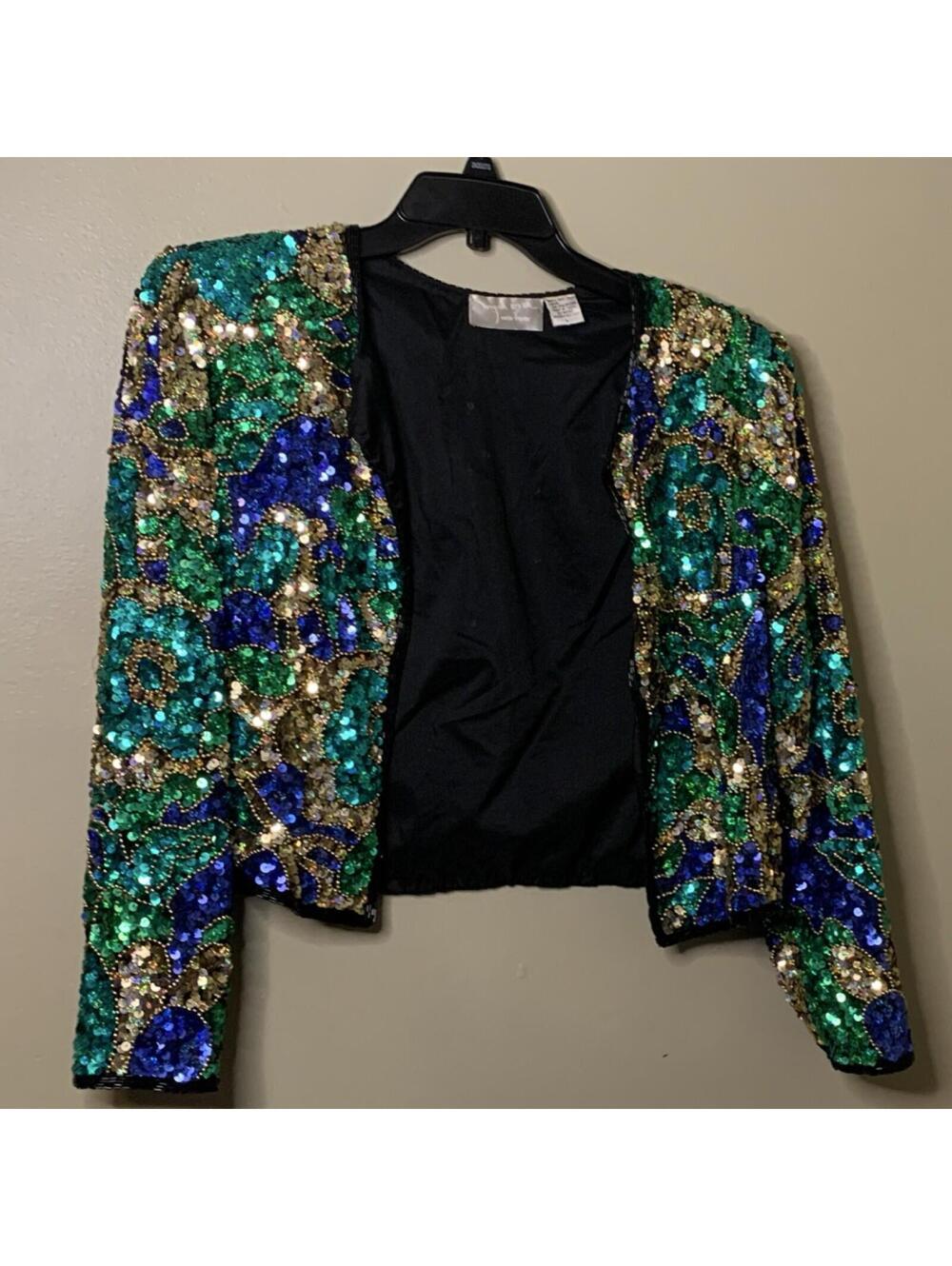 Myra Nva Sequin Silk Jacket Green Blue Gold L Vintage Women's